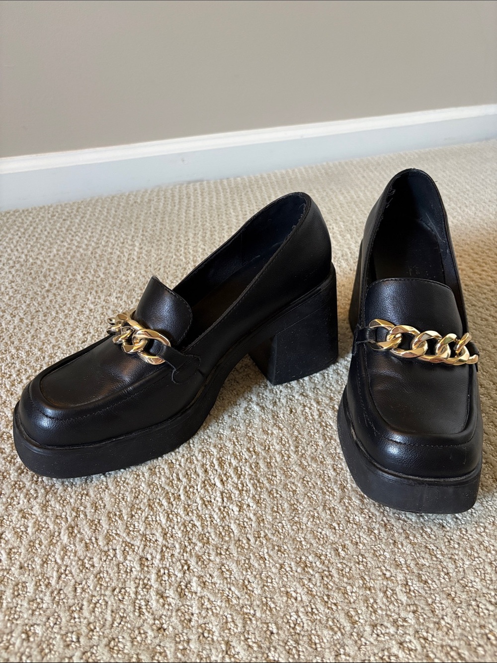 Call it Spring Vegan Black Chunky Platform Loafers with Chain